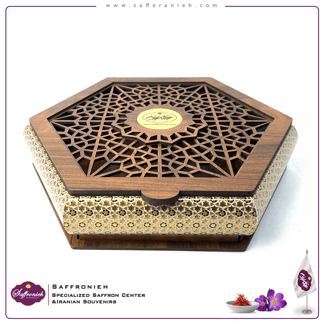 isfahanH5 جعبه پدیرایی شش ضلعی MDF و پروفیل طرح خاتم مدل خورشید